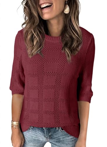Dokotoo Womens Fashion Juniors Spring Summer Tops Shirts and Blouses for Women 2024 Pullover Sweaters T-Shirts 3/4 Sleeve Tunic Tops Hollow Out Crewneck Loose Tee Shirts Red Medium