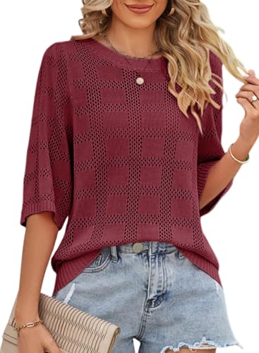 Dokotoo Womens Fashion Juniors Spring Summer Tops Shirts and Blouses for Women 2024 Pullover Sweaters T-Shirts 3/4 Sleeve Tunic Tops Hollow Out Crewneck Loose Tee Shirts Red Medium