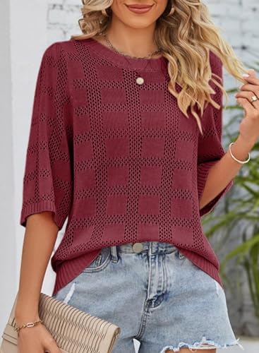 Dokotoo Womens Fashion Juniors Spring Summer Tops Shirts and Blouses for Women 2024 Pullover Sweaters T-Shirts 3/4 Sleeve Tunic Tops Hollow Out Crewneck Loose Tee Shirts Red Medium