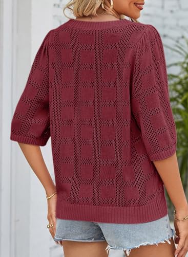 Dokotoo Womens Fashion Juniors Spring Summer Tops Shirts and Blouses for Women 2024 Pullover Sweaters T-Shirts 3/4 Sleeve Tunic Tops Hollow Out Crewneck Loose Tee Shirts Red Medium