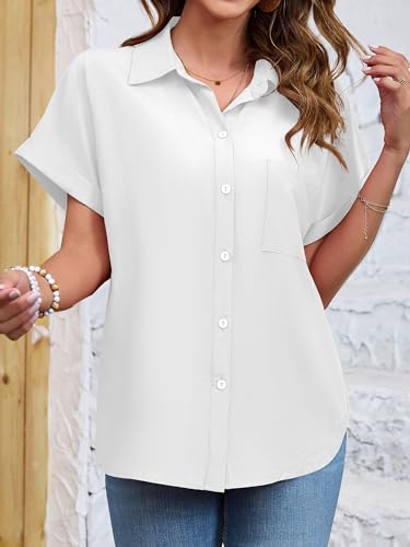 Poplab Womens Button Down Shirt Casual Short Sleeve Collared Shirt Work Blouse with Pocket(White,2XL)
