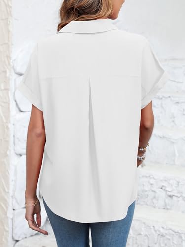 Poplab Womens Button Down Shirt Casual Short Sleeve Collared Shirt Work Blouse with Pocket(White,2XL)