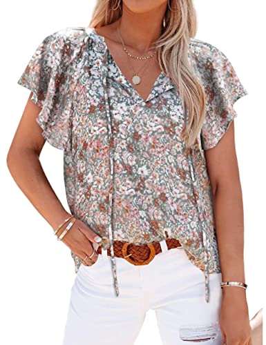 Womens Summer Cute Floral Ruffle Short Sleeve V Neck Casual Boho Loose Ladies Tops Shirts Blouses (Grey, M)