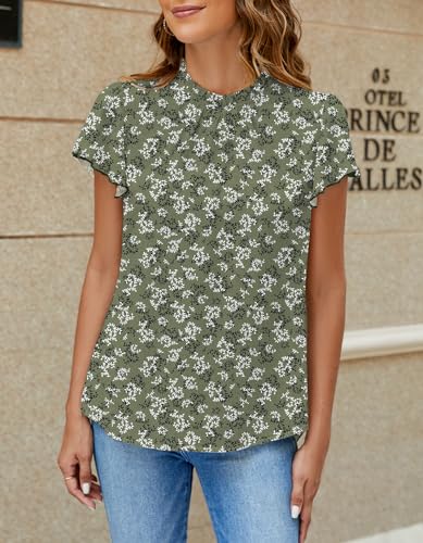 SimpleFun Summer Tops for Women Short Sleeve Ditsy Floral Boho Shirt Blouse Olive M