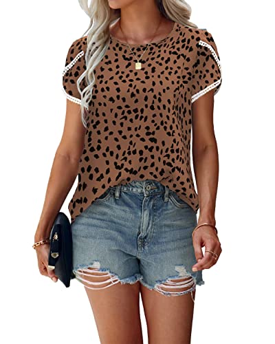 PRETTYGARDEN Women's Shirts Summer Casual Crewneck Lace Crochet Short Sleeve Blouses Cute Floral Print Loose Tunic Tops(Dot Coffee,Medium)