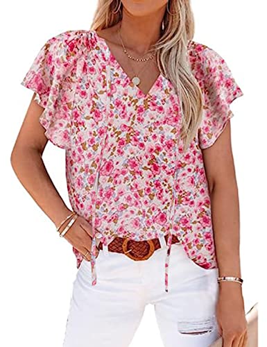 Womens Tops Dressy Casual 2023, Floral Print V Neck Red Blouses Button-Down Shirts Summer Clothes Beach Vocation