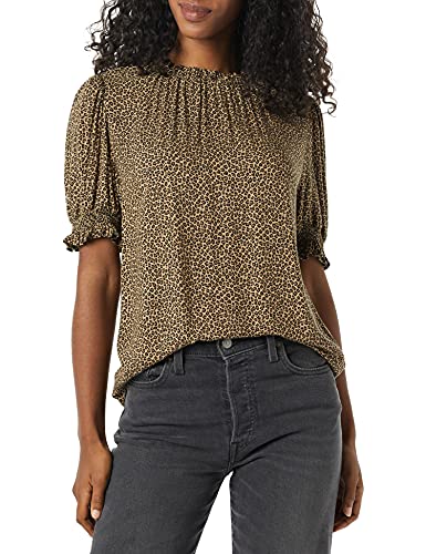 Amazon Essentials Women's Fluid Twill Short Puff Sleeve Smock Detail Shirt, Camel Cheetah, X-Large