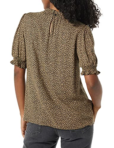 Amazon Essentials Women's Fluid Twill Short Puff Sleeve Smock Detail Shirt, Camel Cheetah, X-Large