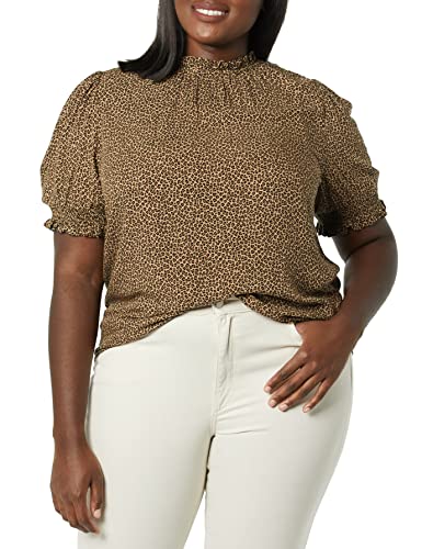Amazon Essentials Women's Fluid Twill Short Puff Sleeve Smock Detail Shirt, Camel Cheetah, X-Large