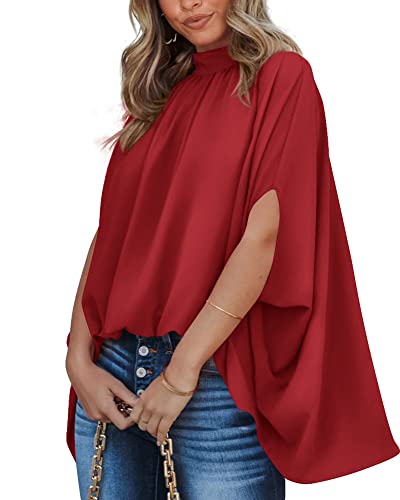 BTFBM Women Mock Neck Batwing Short Sleeve Summer Tops 2024 Spring Loose High Low Hem Casual Oversize Blouses Shirts Top(Solid Red, Large)
