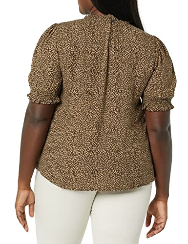 Amazon Essentials Women's Fluid Twill Short Puff Sleeve Smock Detail Shirt, Camel Cheetah, X-Large