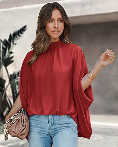 BTFBM Women Mock Neck Batwing Short Sleeve Summer Tops 2024 Spring Loose High Low Hem Casual Oversize Blouses Shirts Top(Solid Red, Large)