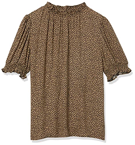 Amazon Essentials Women's Fluid Twill Short Puff Sleeve Smock Detail Shirt, Camel Cheetah, X-Large