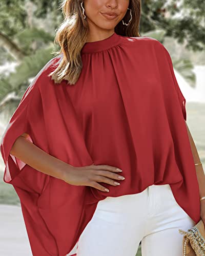 BTFBM Women Mock Neck Batwing Short Sleeve Summer Tops 2024 Spring Loose High Low Hem Casual Oversize Blouses Shirts Top(Solid Red, Large)
