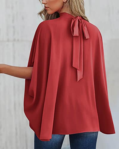 BTFBM Women Mock Neck Batwing Short Sleeve Summer Tops 2024 Spring Loose High Low Hem Casual Oversize Blouses Shirts Top(Solid Red, Large)