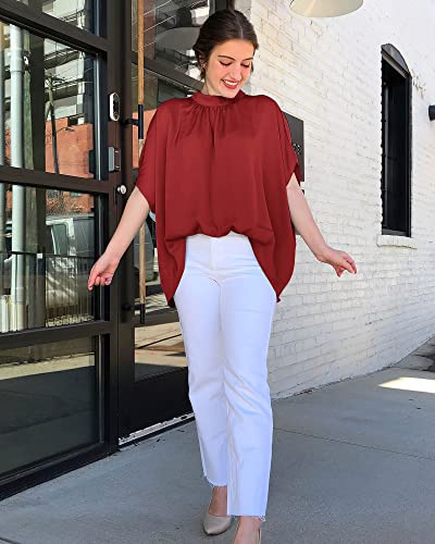 BTFBM Women Mock Neck Batwing Short Sleeve Summer Tops 2024 Spring Loose High Low Hem Casual Oversize Blouses Shirts Top(Solid Red, Large)