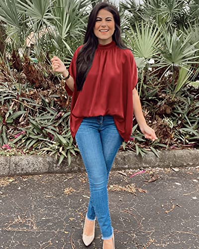 BTFBM Women Mock Neck Batwing Short Sleeve Summer Tops 2024 Spring Loose High Low Hem Casual Oversize Blouses Shirts Top(Solid Red, Large)