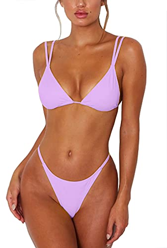 Women Purple String Bikini High Cut Thong Bottom Padded Triangle Tops 2PCS Swimsuits S