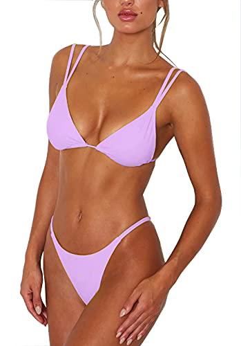 Women Purple String Bikini High Cut Thong Bottom Padded Triangle Tops 2PCS Swimsuits S
