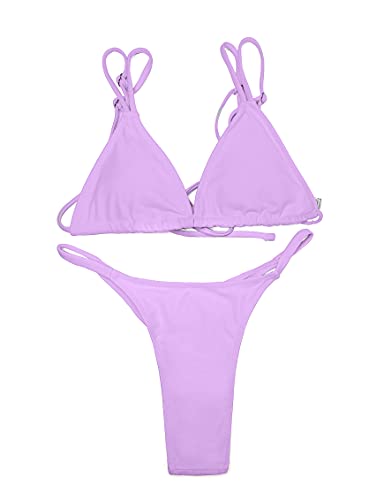 Women Purple String Bikini High Cut Thong Bottom Padded Triangle Tops 2PCS Swimsuits S