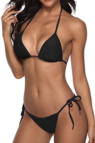 Women Two Piece Swimsuit Sexy Swimwear Halter String Triangle Bikini Sets Black M