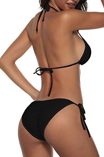 Women Two Piece Swimsuit Sexy Swimwear Halter String Triangle Bikini Sets Black M