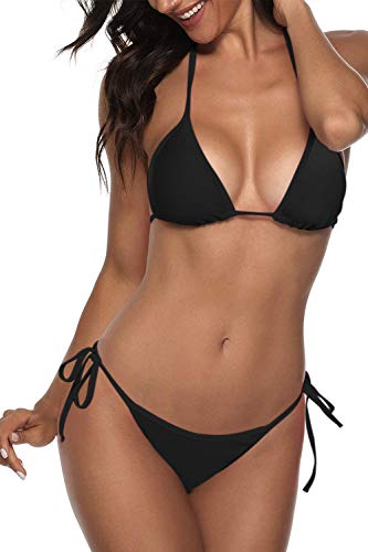 Women Two Piece Swimsuit Sexy Swimwear Halter String Triangle Bikini Sets Black M