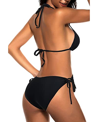 Tempt Me Women Black Two Piece Halter Padded Top Tie Side Bottom Triangle Bikini Bathing Suit M