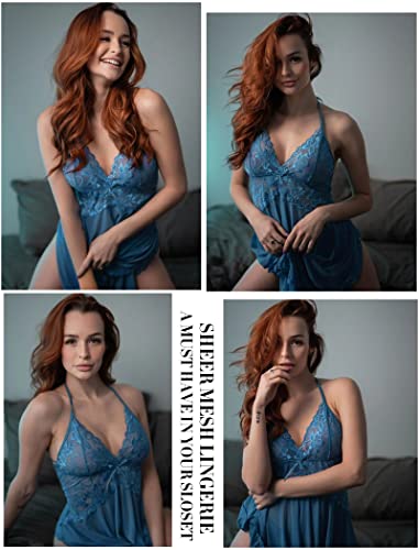 Avidlove Lingerie for Women Lace Babydoll Halter Chemise V Neck Nightgown Sexy Sleepwear Nightdress Dark Blue Medium