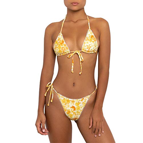 Bikinis Swimsuit Set for Women Swimwear Triangle Bathing Suit Tie String Thong (Yellow, XS)