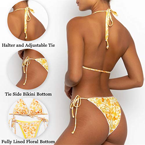 Bikinis Swimsuit Set for Women Swimwear Triangle Bathing Suit Tie String Thong (Yellow, XS)