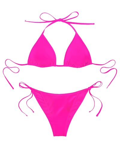 Tempt Me Hot Pink Women Triangle Bikini Sets String Halter Bathing Suits Sexy Two Piece Swimsuits Tie Side Bottom L