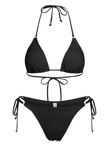 ZAFUL Women's Triangle Crochet String Bikini Sets Halter High Cut Sexy Swimsuits Two Piece Bathing Suits Black