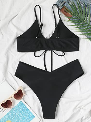 Meetall Black High Cut Triangle Bikini Set Swimsuits for Women Sexy Cheeky String Brazilian Bathing Suits Two Piece Size XXL
