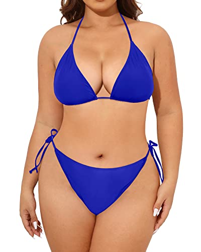 Tempt Me Women Plus Size Triangle Bikini String Two Piece Halter Tie Side Swimsuit Royal Blue 16 Plus