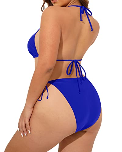 Tempt Me Women Plus Size Triangle Bikini String Two Piece Halter Tie Side Swimsuit Royal Blue 16 Plus