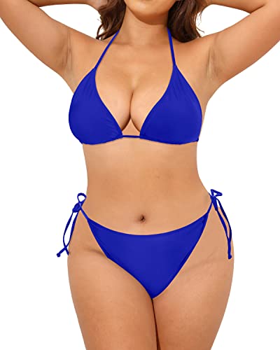 Tempt Me Women Plus Size Triangle Bikini String Two Piece Halter Tie Side Swimsuit Royal Blue 16 Plus
