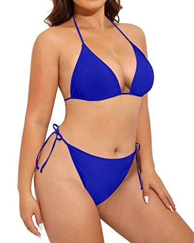 Tempt Me Women Plus Size Triangle Bikini String Two Piece Halter Tie Side Swimsuit Royal Blue 16 Plus