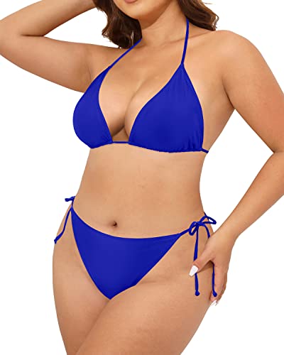 Tempt Me Women Plus Size Triangle Bikini String Two Piece Halter Tie Side Swimsuit Royal Blue 16 Plus