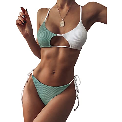 ZAFUL Womens Ribbed Color Block Cutout String Bikini Swimwear High Waist Two Piece Strappy Bathing Suits