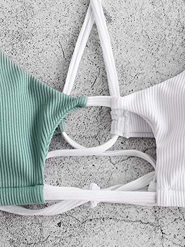 ZAFUL Womens Ribbed Color Block Cutout String Bikini Swimwear High Waist Two Piece Strappy Bathing Suits
