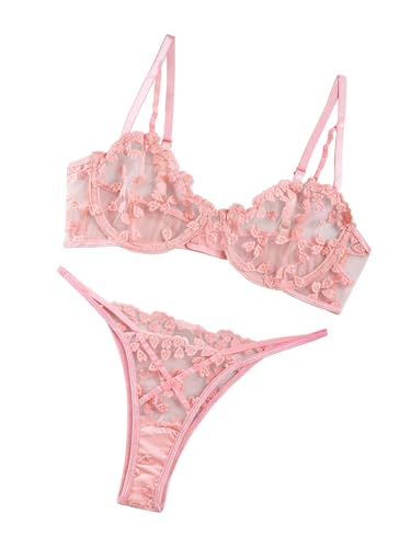 Lilosy Sexy Cute Underwire Push Up Strappy Heart Embroidered Mesh Sheer Lingerie Set for Women See Through Bra and Panty 2 Piece Pink X-Small