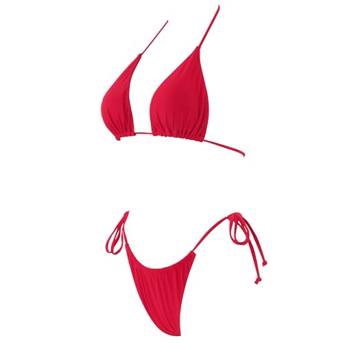 SUUKSESS Women String Triangle Bikini Sets Tie Side Thong Sexy Halter Swimsuits 2 Pieces (Red, M)