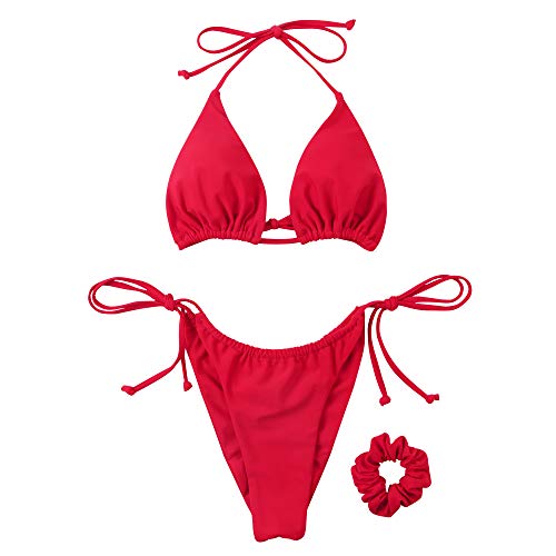 SUUKSESS Women String Triangle Bikini Sets Tie Side Thong Sexy Halter Swimsuits 2 Pieces (Red, M)