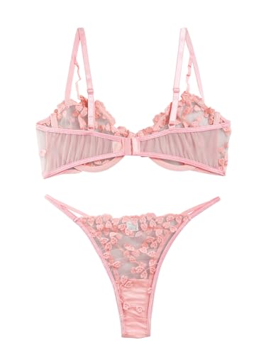 Lilosy Sexy Cute Underwire Push Up Strappy Heart Embroidered Mesh Sheer Lingerie Set for Women See Through Bra and Panty 2 Piece Pink X-Small