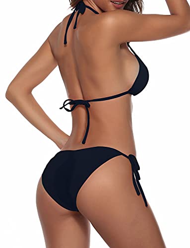 Women Two Piece Bikini Swimsuit Sexy Bathing Suits Halter Triangle Tops String Bikini Sets Black S