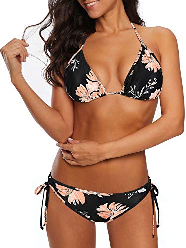 Century Star Women Tie Side Bottom Padded Top Triangle Bikini String Bathing Suit Two Piece Swimsuit Z Black Pink 8-10