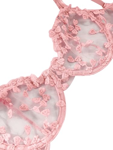 Lilosy Sexy Cute Underwire Push Up Strappy Heart Embroidered Mesh Sheer Lingerie Set for Women See Through Bra and Panty 2 Piece Pink X-Small
