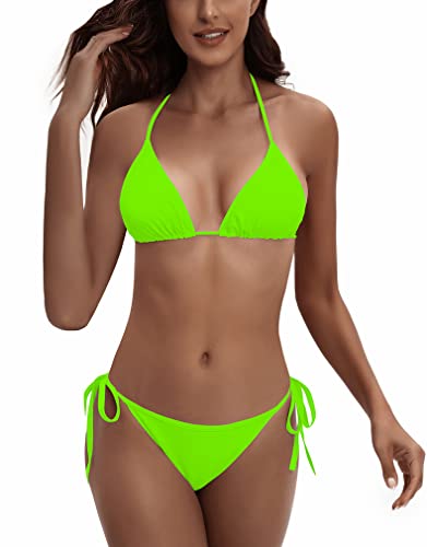 ATENGNES Women's 2 Piece Swimsuit Halter String Bikini Adjustable Bathing Suit with Padded Fluogreen