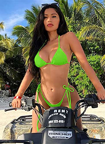 ATENGNES Women's 2 Piece Swimsuit Halter String Bikini Adjustable Bathing Suit with Padded Fluogreen
